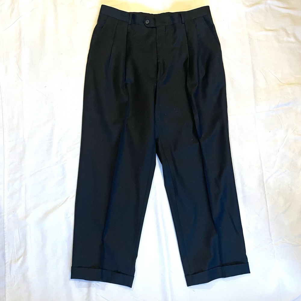 Giorgio Cosani 100% Wool Black Pleated Cuffed Dress Trousers Pants Size 36
